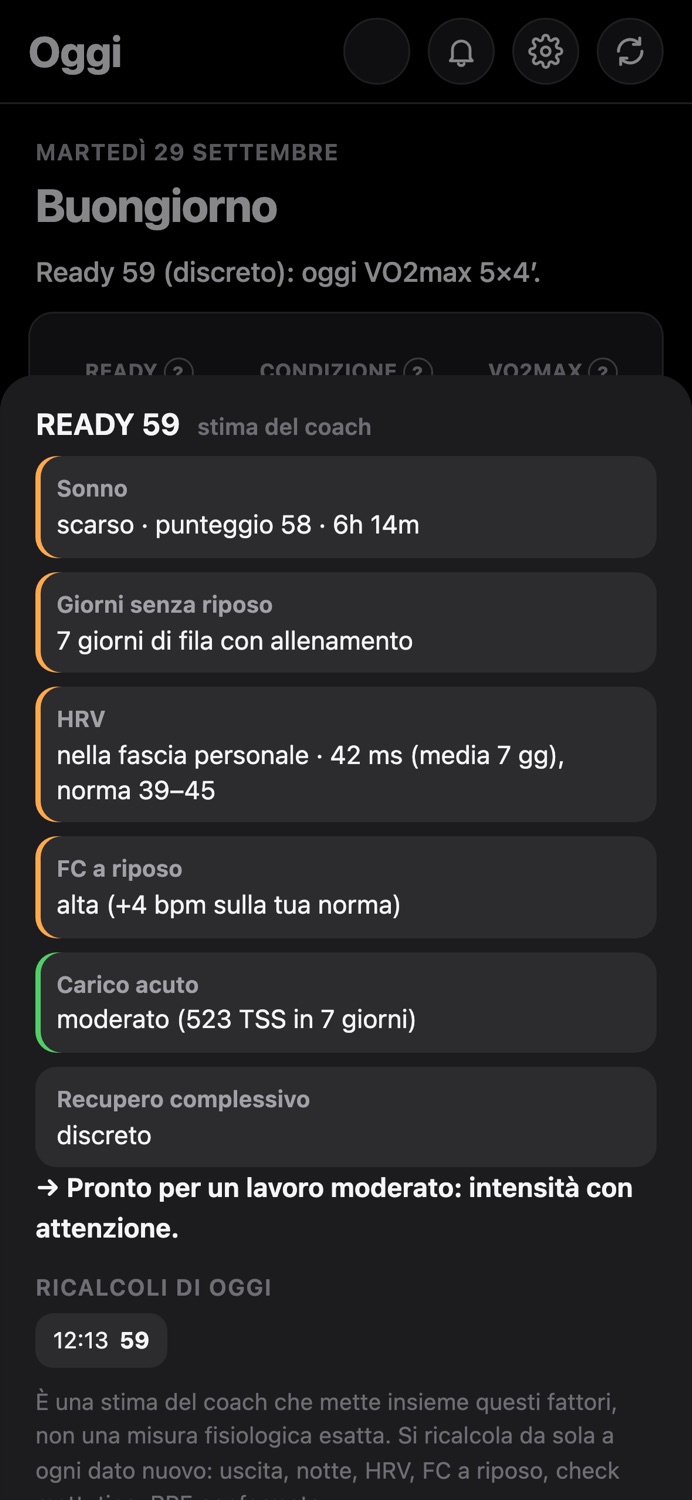 Dettaglio READY: sonno, giorni senza riposo, HRV, FC a riposo, carico acuto e conclusione del coach